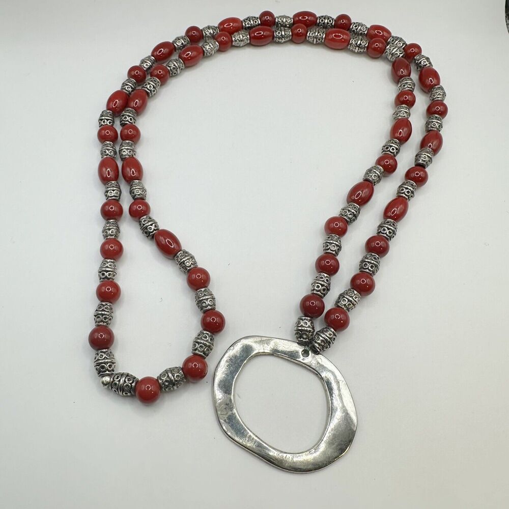 Red Silver Bead Necklace Circle Pendant Eyeglass Holder heavy chunky